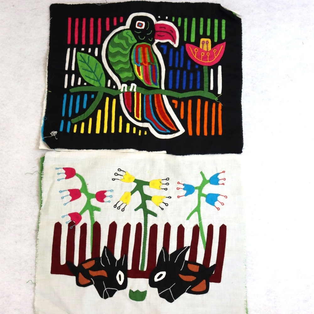 Vintage Kuna Mola Textile Panels Pair Folk Art Animals